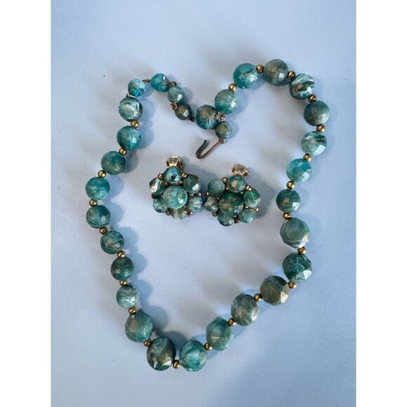 Vintage Kramer Midcentury Blue Beaded Necklace & Clip-On Earrings Set - Picture 1 of 5